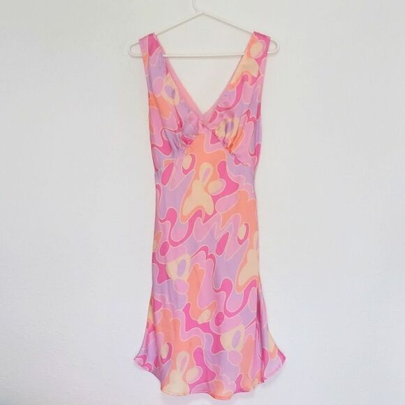 Bright Pink & Yellow Silky Sleeveless Slip Mini Dress Size 6 - Picture 1 of 10